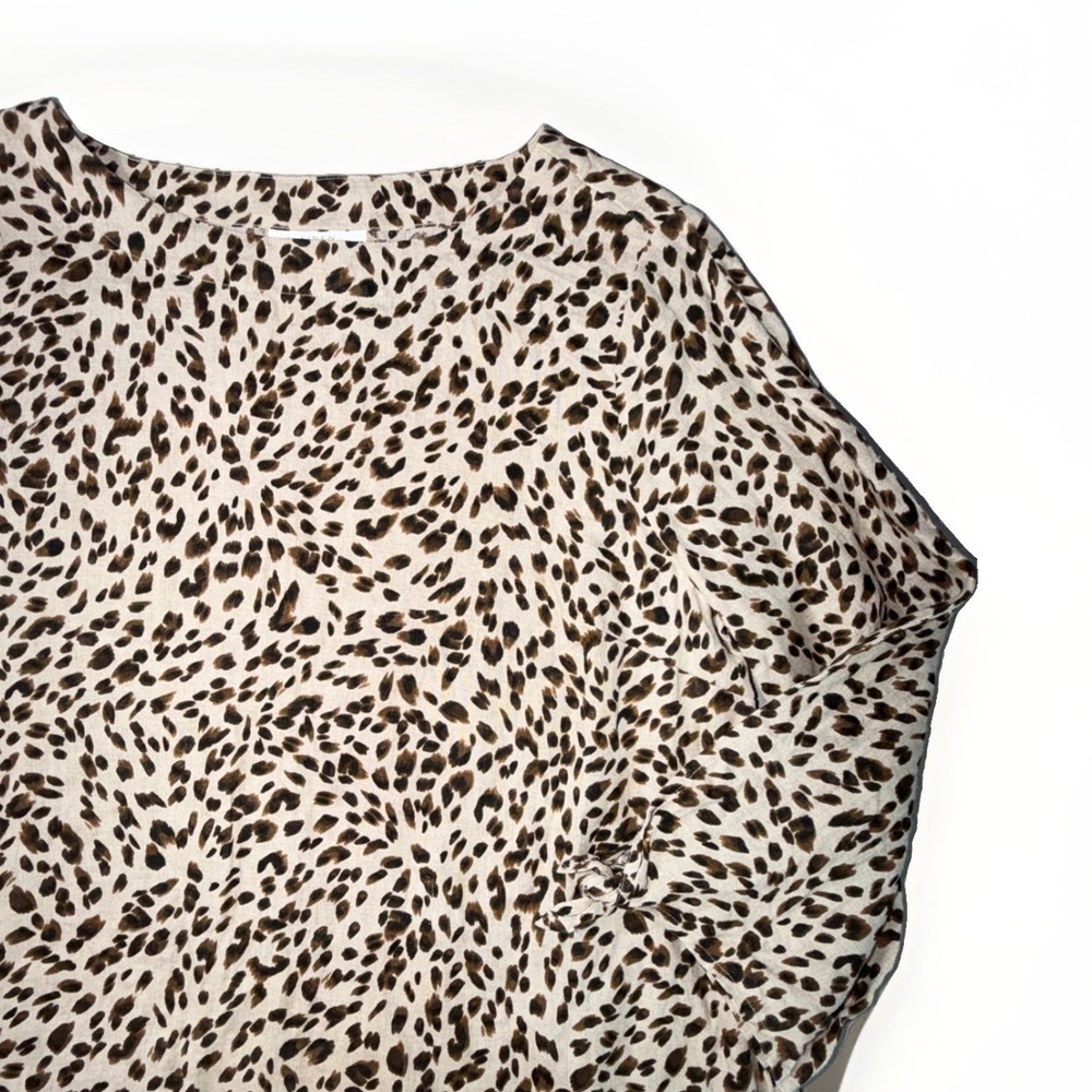 Charter Club Woman's Linen Boat Neck Blouse Size L Leopard Print 3/4 Tie Sleeve - Picture 2 of 5